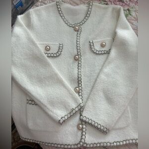 Elegant White Cardigan with Pearl Accents